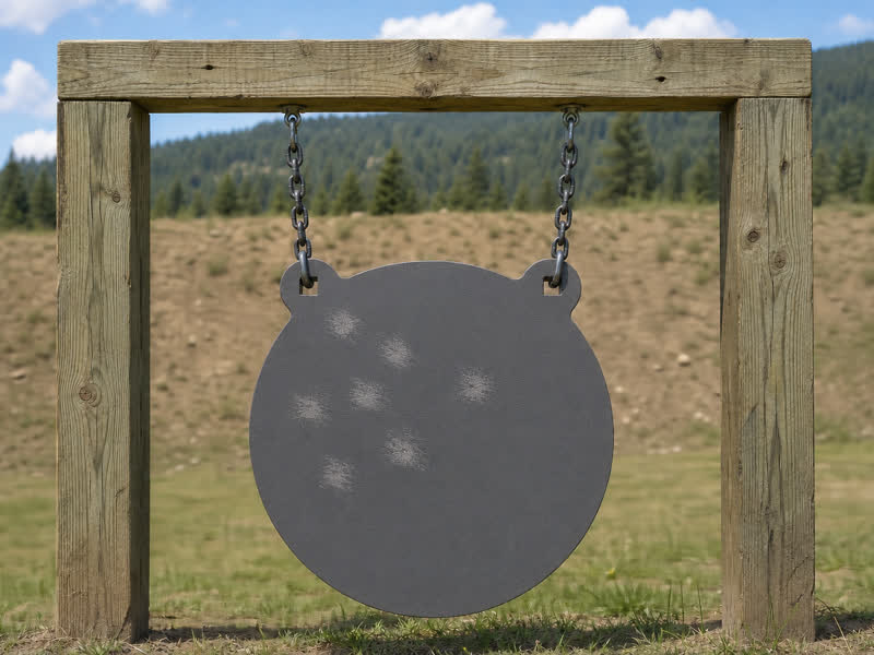 A round AR500 plate hanging on chains at a range, its face marked with impact splashes